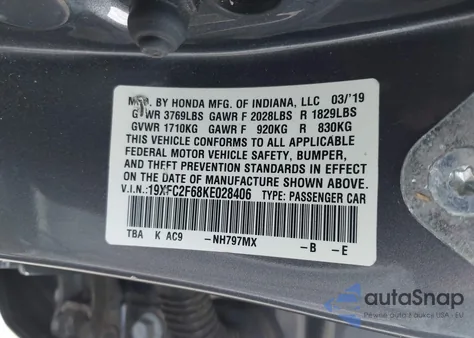 2019 Honda Civic Lx z USA, uszkodzony, nr VIN 19XFC2F68KE028406